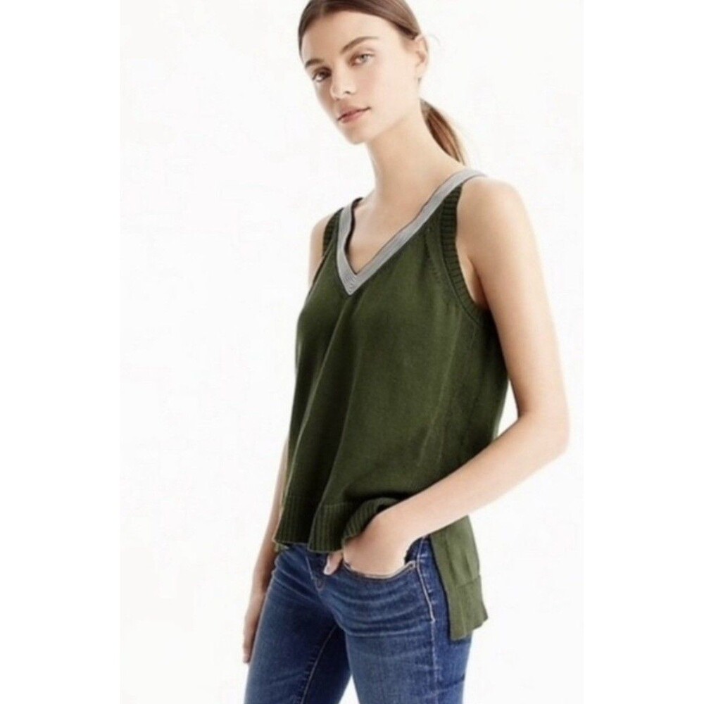 J. Crew 100% Cotton Sleeveless Green Sweater Vest Stripe Tie Ribbon Trim Small